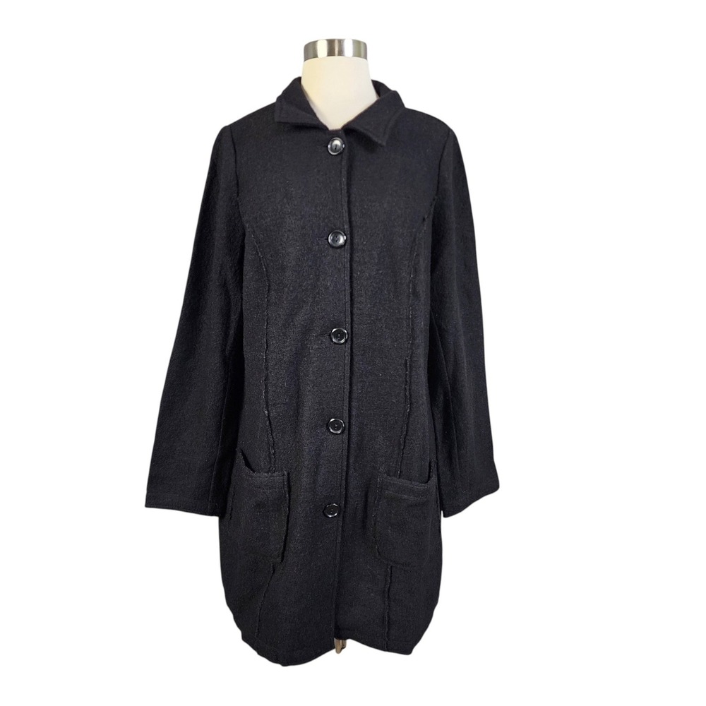 Chicos Womens Boiled Wool Jacket Size Small Black Button Front Collared Long